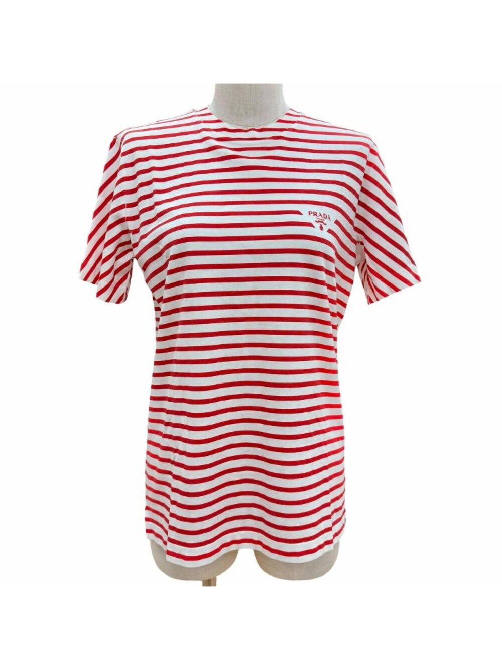 Prada Cotton 100% Triangle Logo Border Pattern Short Sleeve T-Shirt Red White XS